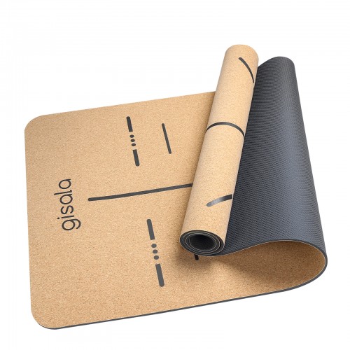 GISALA yoga mat made of cork and natural rubber, non-slip yoga mat for gymnastics, easy-care yoga mat with shoulder strap (183 x 65 x 0.6 cm)